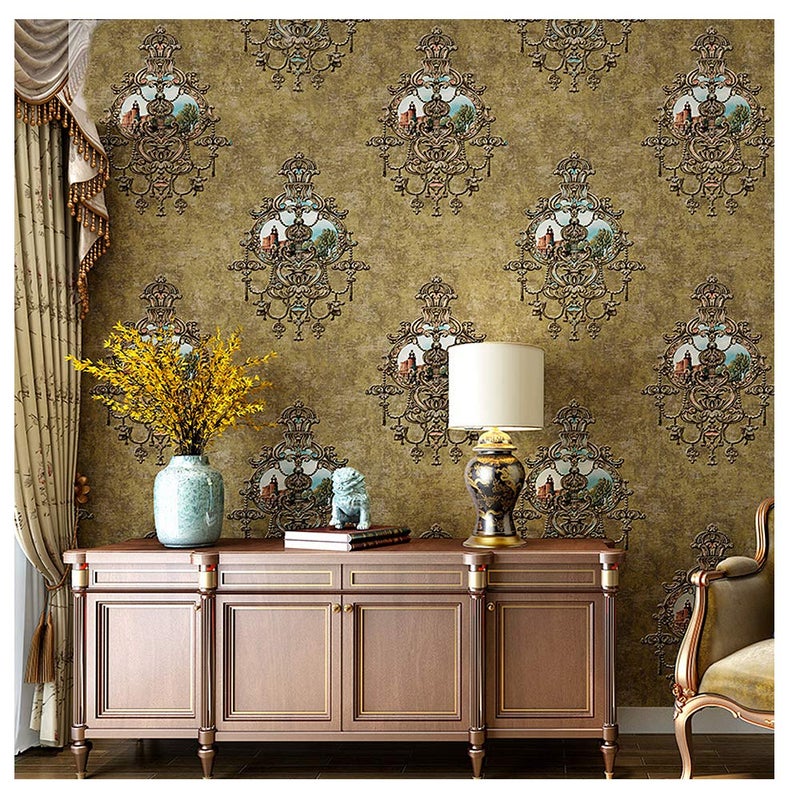 Blooming Wall Textured Vintage Damasks Floral Pattern Wallpaper Wallcoverings for Walls, 57 Square ft/Roll (Green(Flower)) - Image 1
